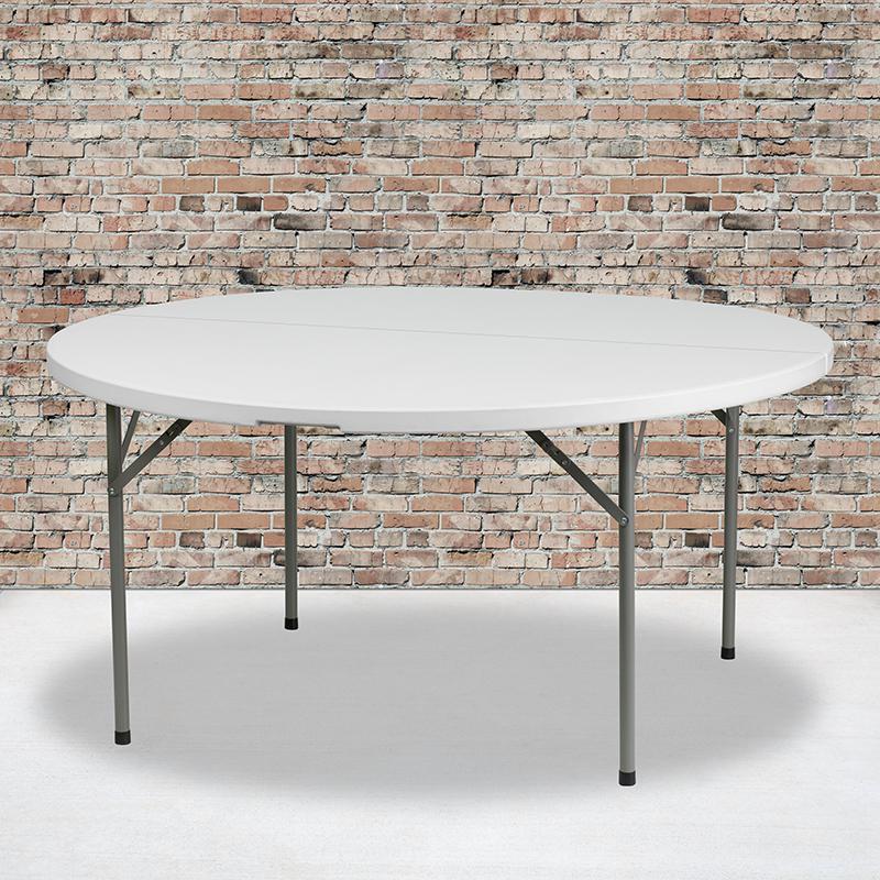 5-Foot Round Granite White Plastic Folding Table. Picture 1