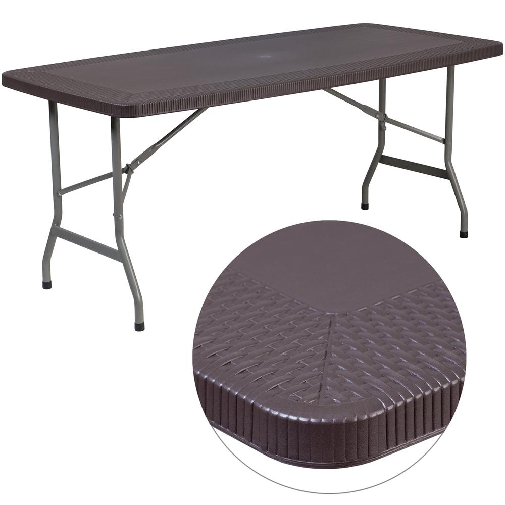 5.62-Foot Brown Rattan Indoor-Outdoor Plastic Folding Table. Picture 1