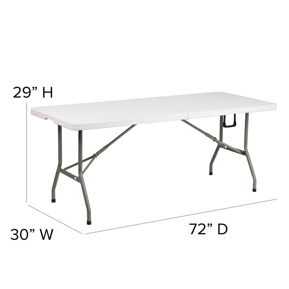 6-Foot Bi-Fold Granite White Plastic Banquet and Event Folding Table with Carrying Handle. Picture 2