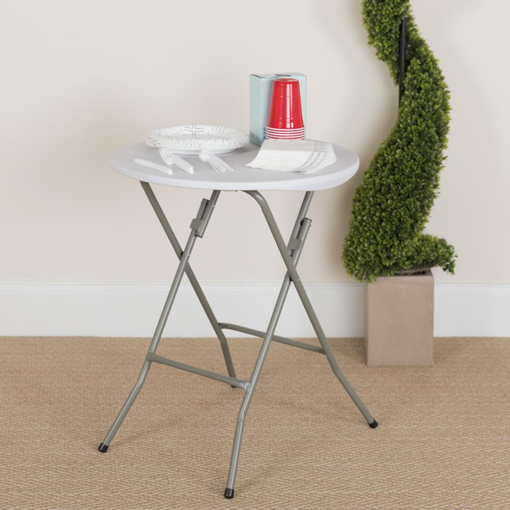 2-Foot Round Granite White Plastic Folding Table. Picture 6