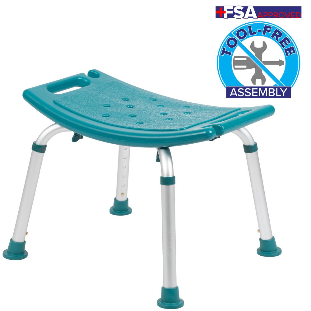Tool-Free and Quick Assembly, 300 Lb. Capacity, Adjustable Teal Bath & Shower Chair with Non-slip Feet. Picture 2