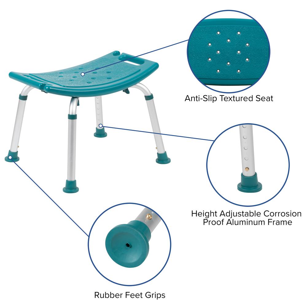 Tool-Free and Quick Assembly, 300 Lb. Capacity, Adjustable Teal Bath & Shower Chair with Non-slip Feet. Picture 7