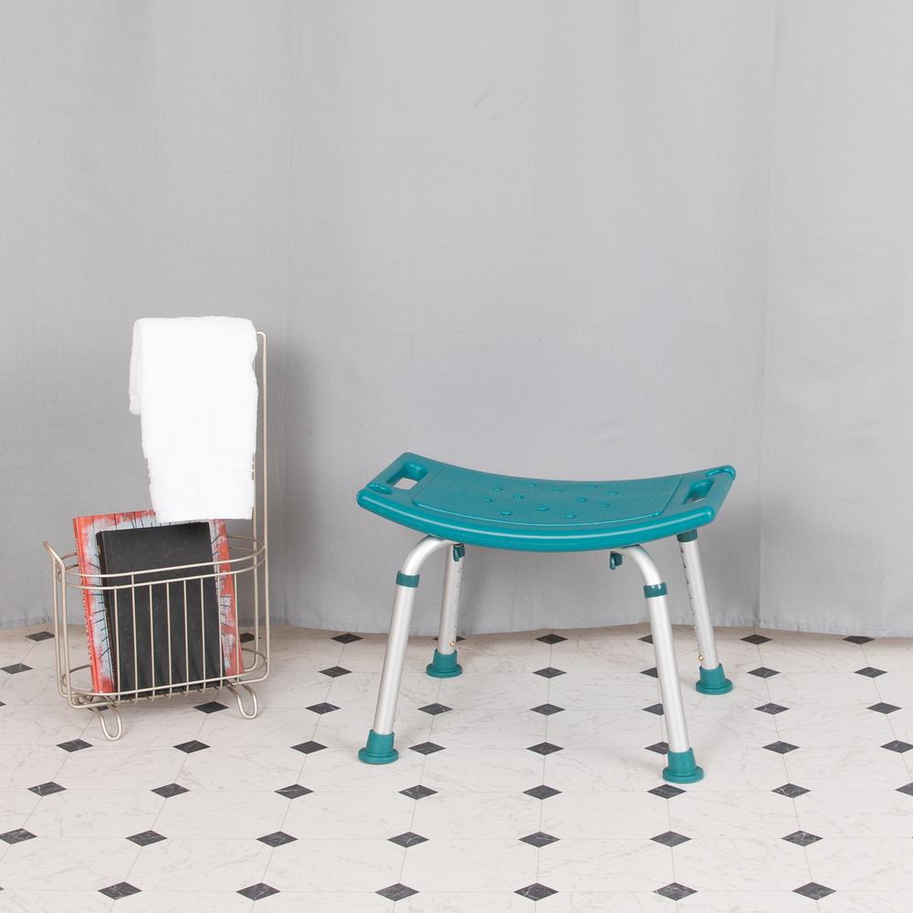 Tool-Free and Quick Assembly, 300 Lb. Capacity, Adjustable Teal Bath & Shower Chair with Non-slip Feet. Picture 12