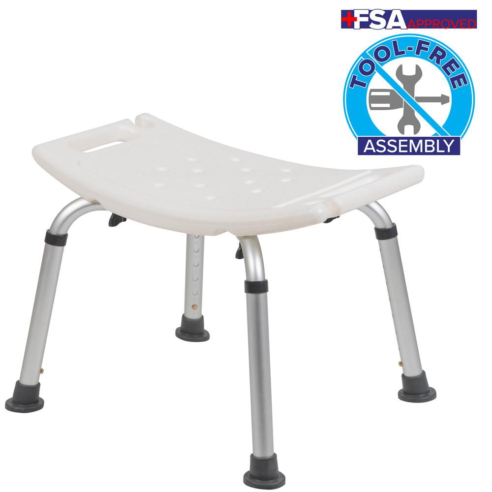 Tool-Free and Quick Assembly, 300 Lb. Capacity, Adjustable White Bath & Shower Chair with Non-slip Feet. Picture 2