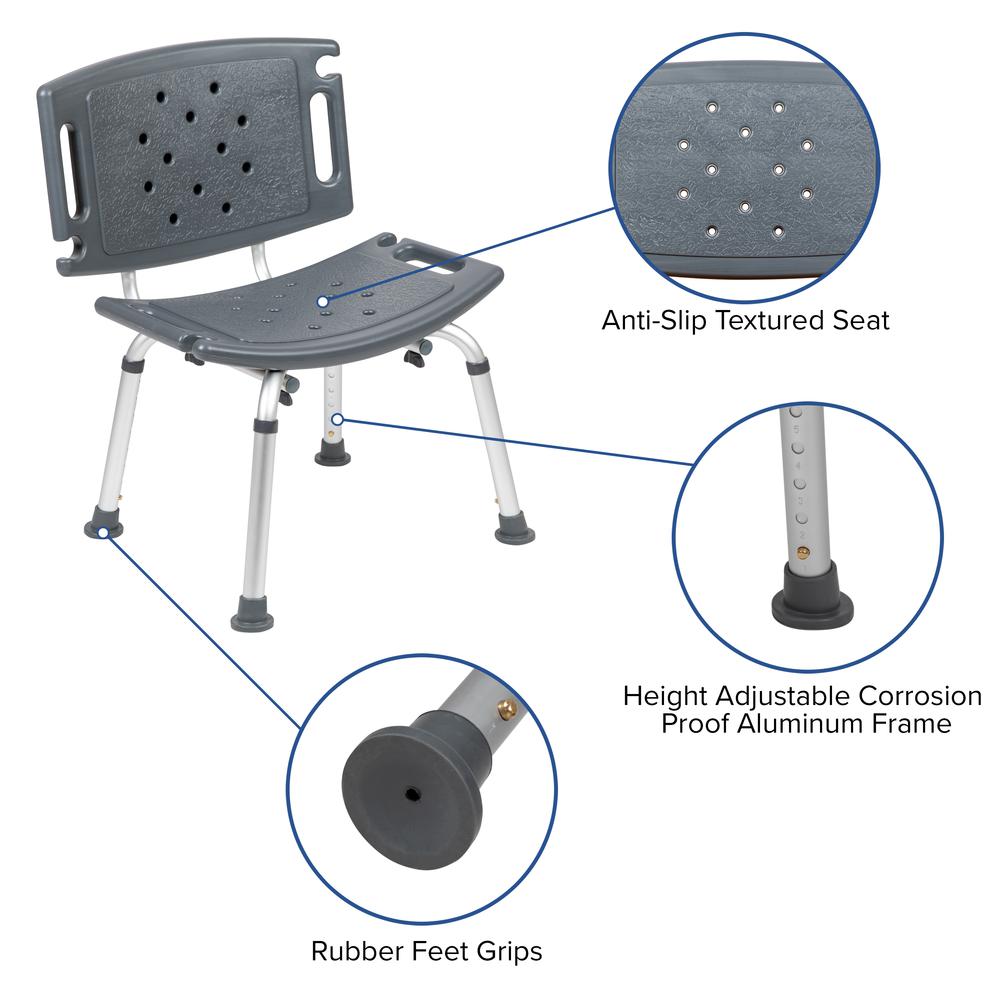 Tool-Free and Quick Assembly, 300 Lb. Capacity, Adjustable Gray Bath & Shower Chair with Extra Large Back. Picture 6