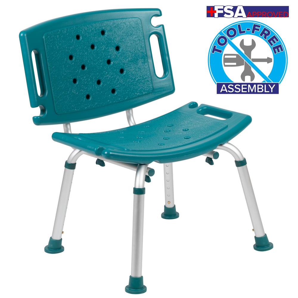 Tool-Free and Quick Assembly, 300 Lb. Capacity, Adjustable Teal Bath & Shower Chair with Extra Large Back. Picture 2
