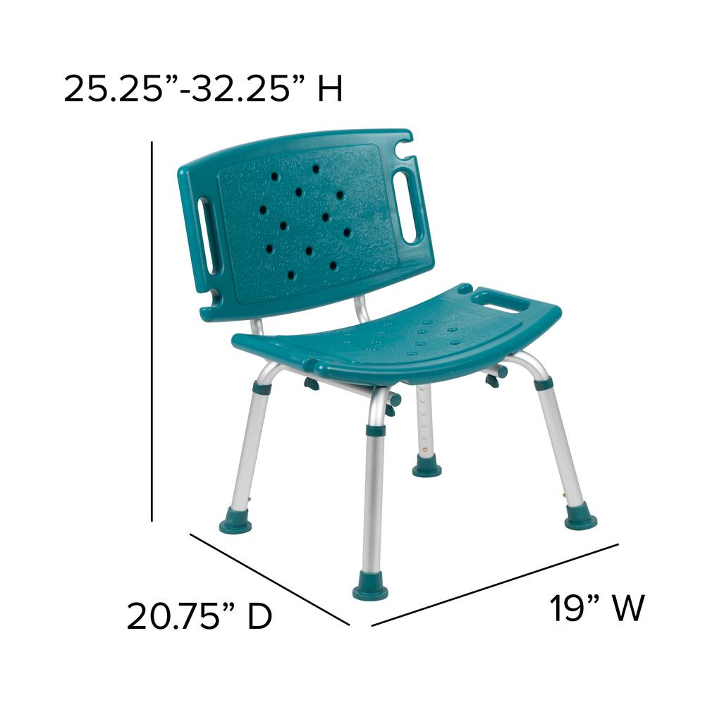 Tool-Free and Quick Assembly, 300 Lb. Capacity, Adjustable Teal Bath & Shower Chair with Extra Large Back. Picture 3