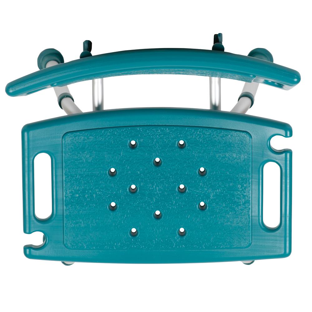 Tool-Free and Quick Assembly, 300 Lb. Capacity, Adjustable Teal Bath & Shower Chair with Extra Large Back. Picture 8
