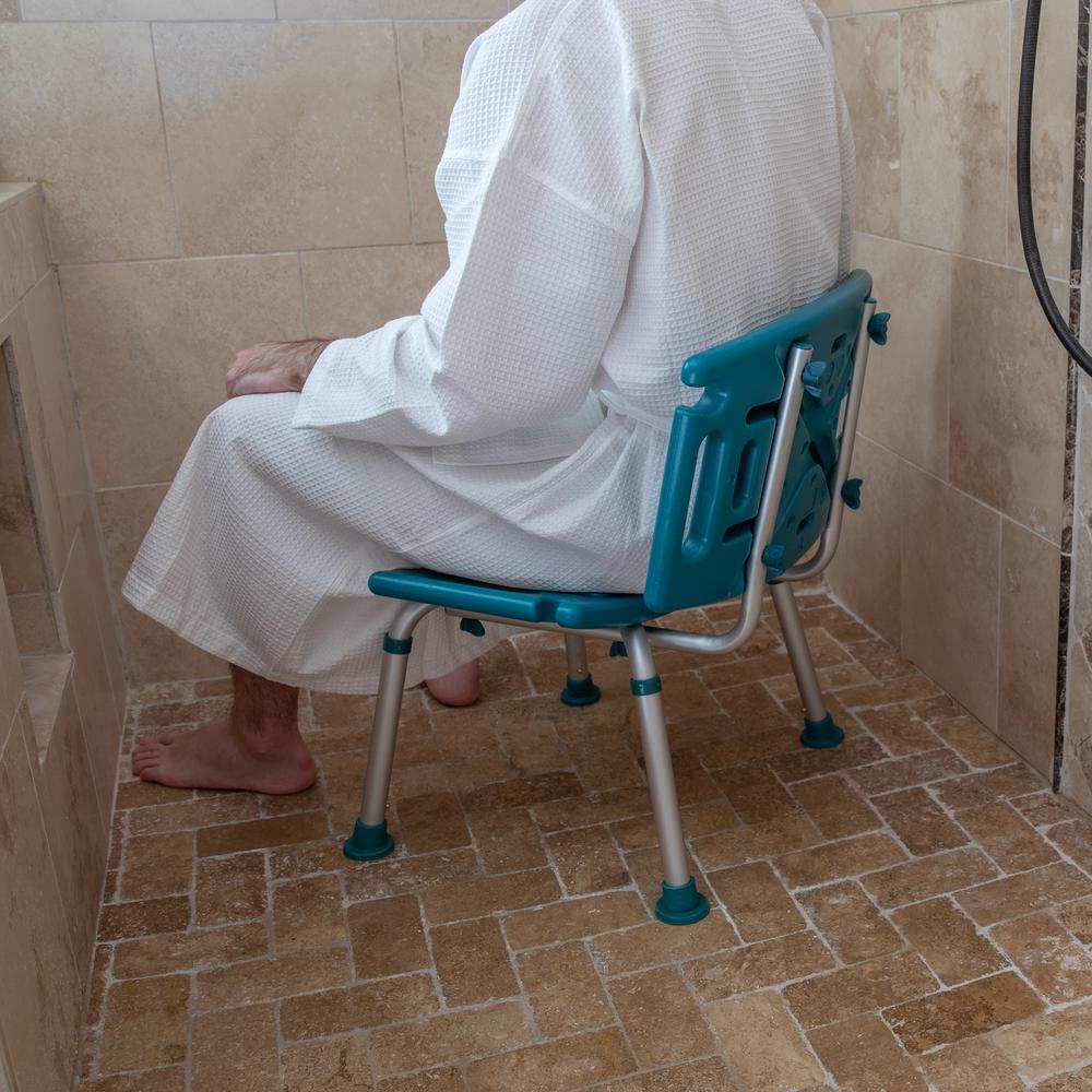 Tool-Free and Quick Assembly, 300 Lb. Capacity, Adjustable Teal Bath & Shower Chair with Extra Large Back. Picture 14