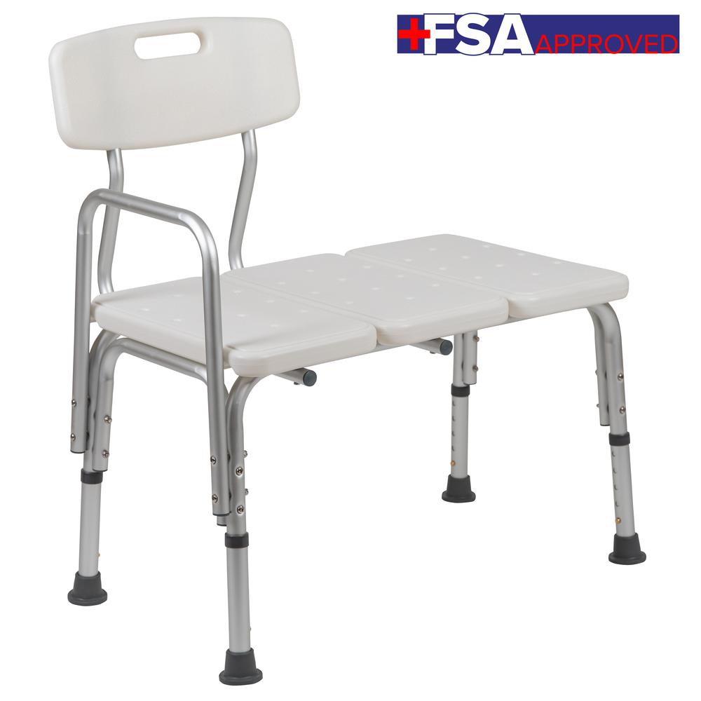 300 Lb. Capacity, Adjustable White Bath & Shower Transfer Bench with Back and Side Arm. Picture 2
