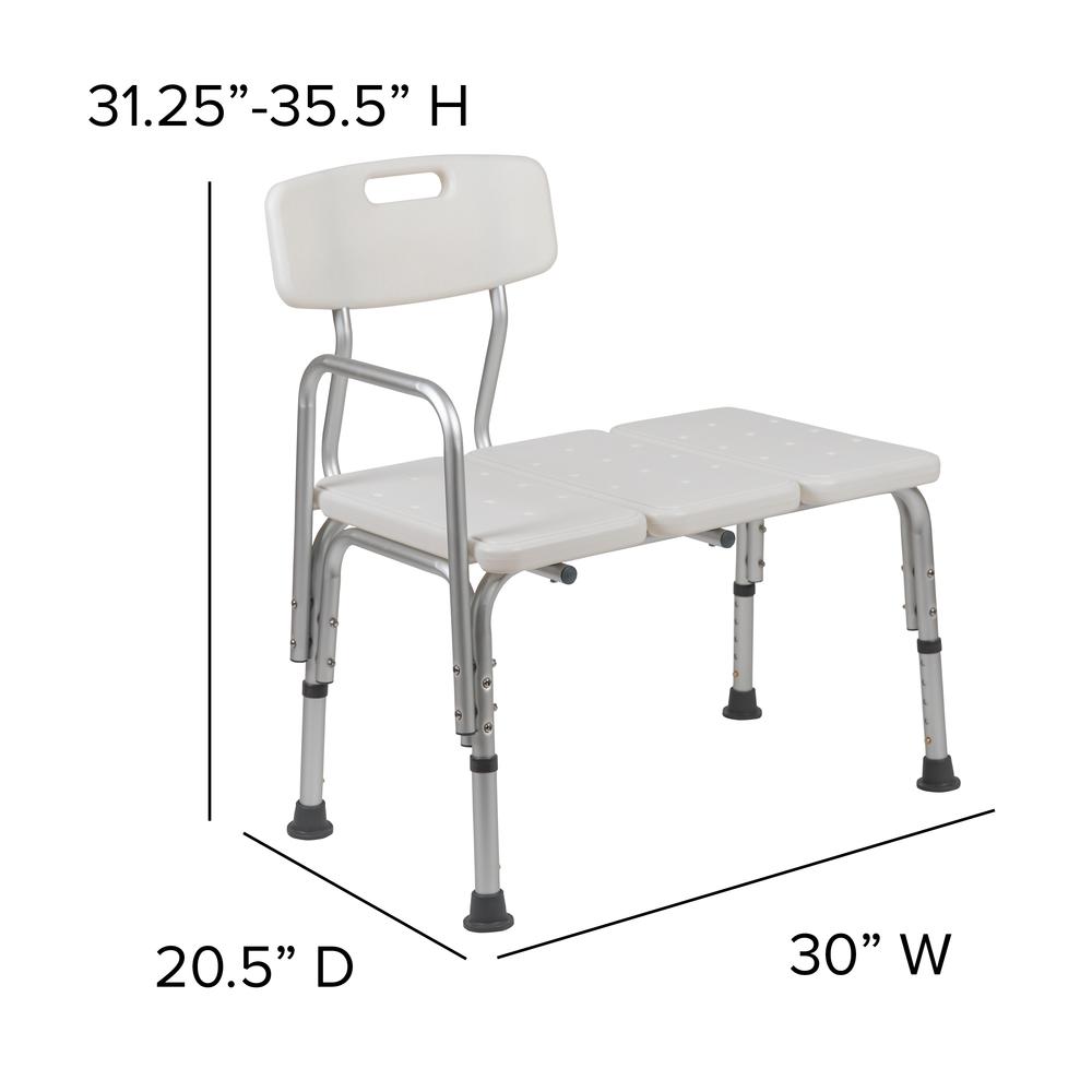 300 Lb. Capacity, Adjustable White Bath & Shower Transfer Bench with Back and Side Arm. Picture 3