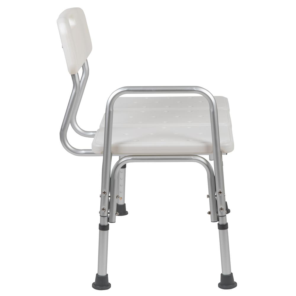 300 Lb. Capacity, Adjustable White Bath & Shower Transfer Bench with Back and Side Arm. Picture 4