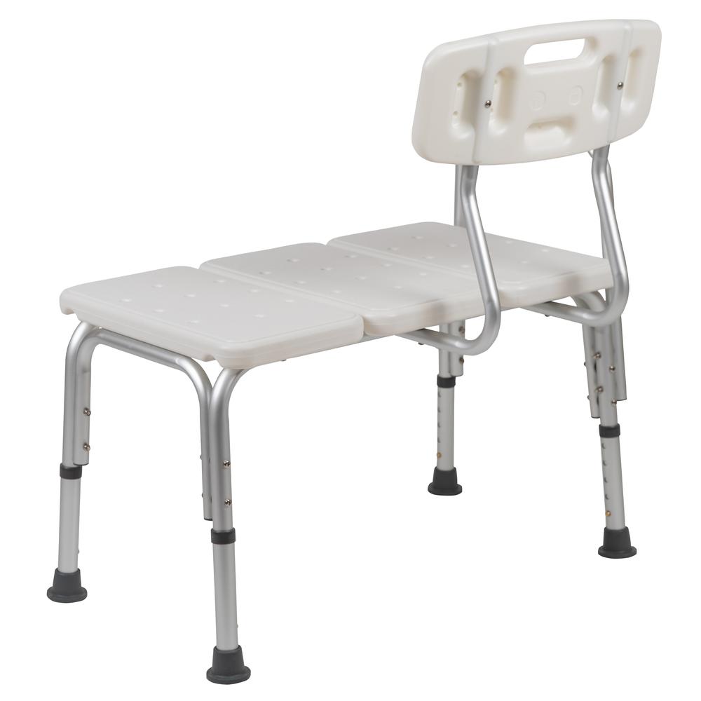 300 Lb. Capacity, Adjustable White Bath & Shower Transfer Bench with Back and Side Arm. Picture 5