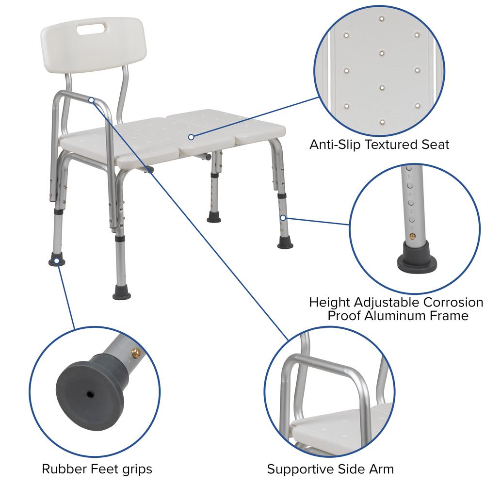 300 Lb. Capacity, Adjustable White Bath & Shower Transfer Bench with Back and Side Arm. Picture 7