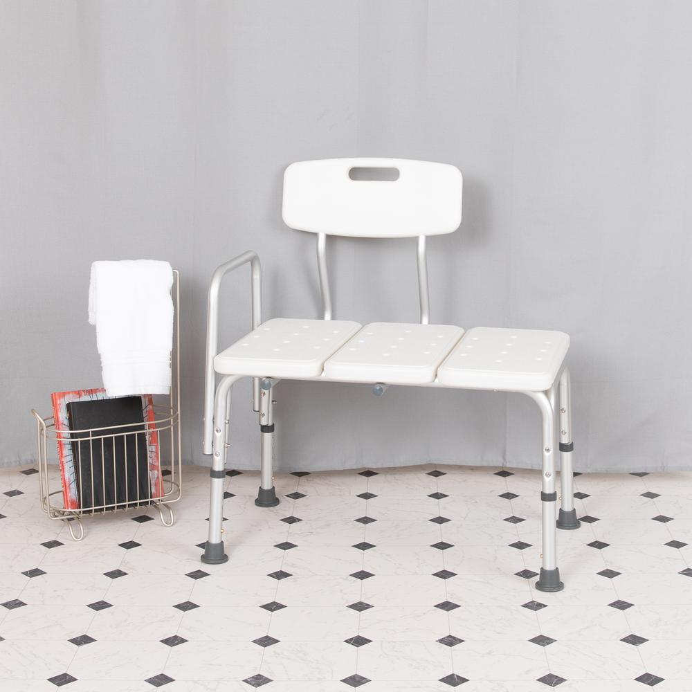 300 Lb. Capacity, Adjustable White Bath & Shower Transfer Bench with Back and Side Arm. Picture 13