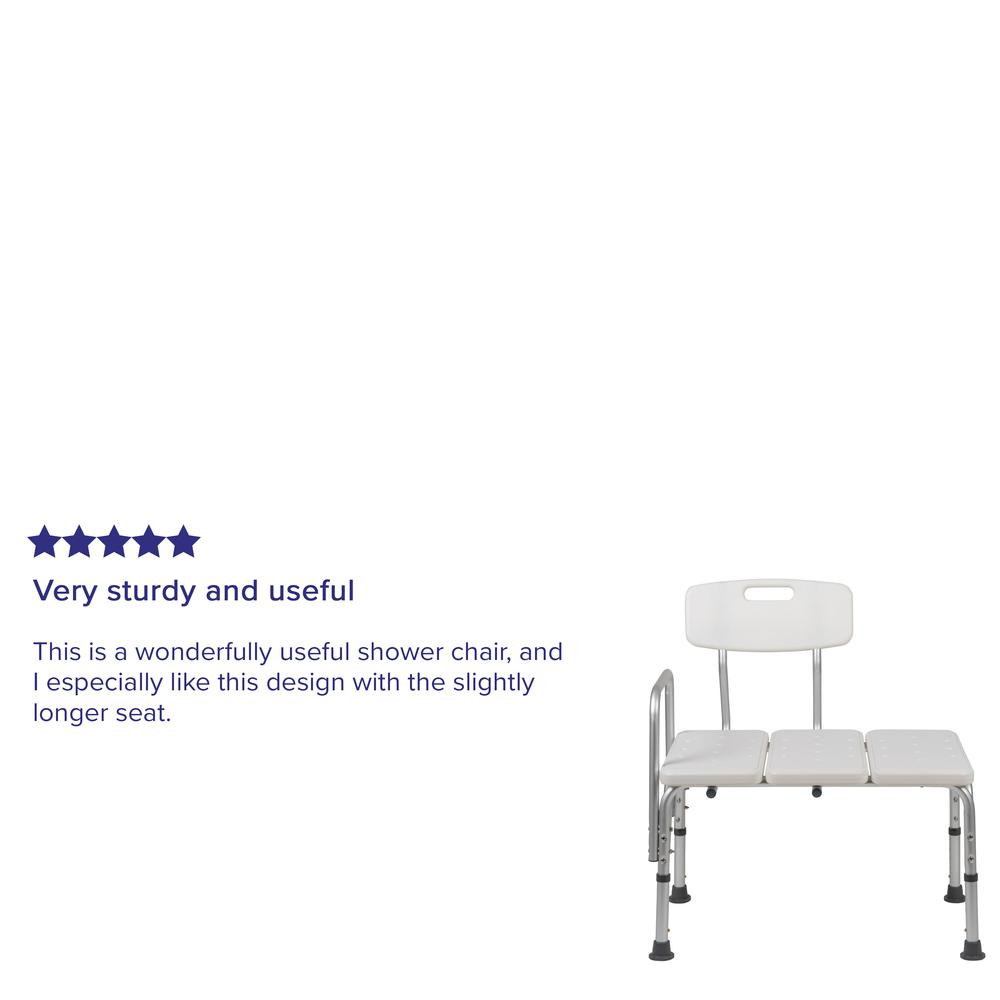 300 Lb. Capacity, Adjustable White Bath & Shower Transfer Bench with Back and Side Arm. Picture 17