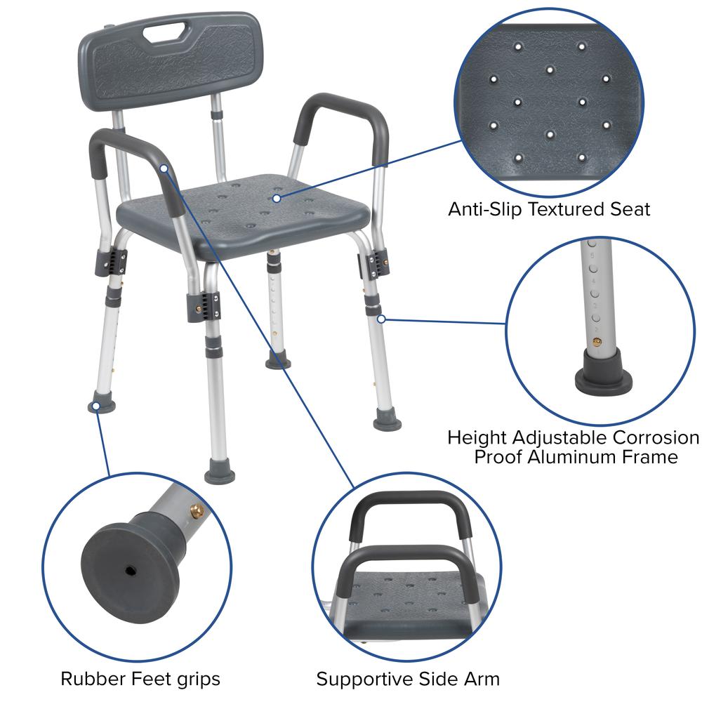 300 Lb. Capacity, Adjustable Gray Bath & Shower Chair with Quick Release Back & Arms. Picture 7