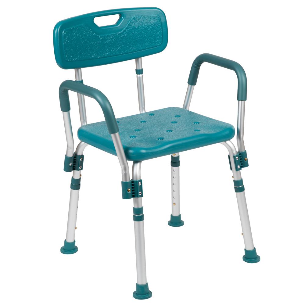 300 Lb. Capacity Adjustable Teal Bath, Shower Chair with Quick Release Back. Picture 1