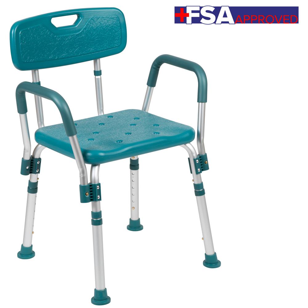 300 Lb. Capacity, Adjustable Teal Bath & Shower Chair with Quick Release Back & Arms. Picture 2