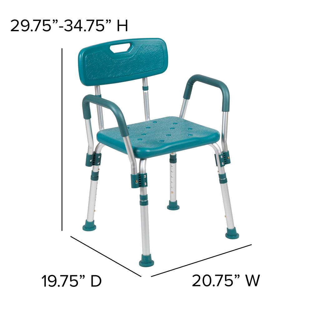 300 Lb. Capacity, Adjustable Teal Bath & Shower Chair with Quick Release Back & Arms. Picture 3