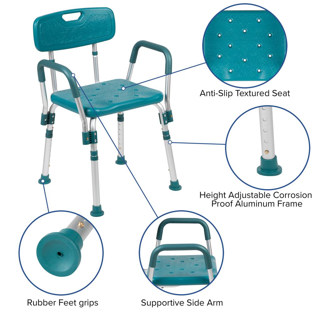 300 Lb. Capacity Adjustable Teal Bath, Shower Chair with Quick Release Back. Picture 4
