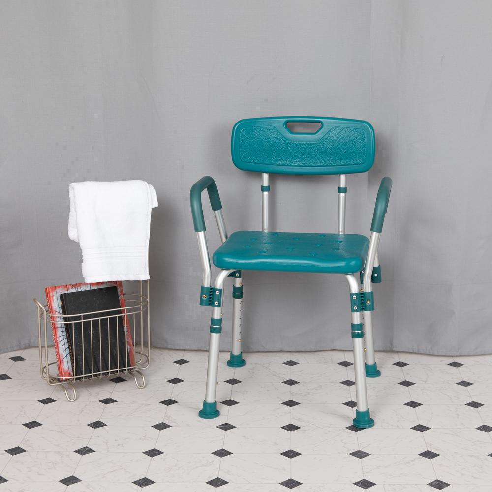 300 Lb. Capacity Adjustable Teal Bath, Shower Chair with Quick Release Back. Picture 3