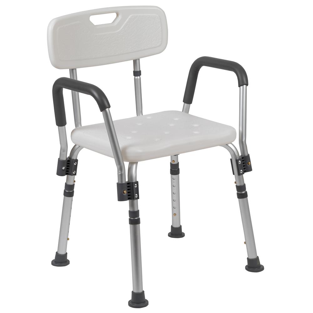 300 Lb. Capacity, Adjustable White Bath & Shower Chair with Quick Release Back & Arms. Picture 1