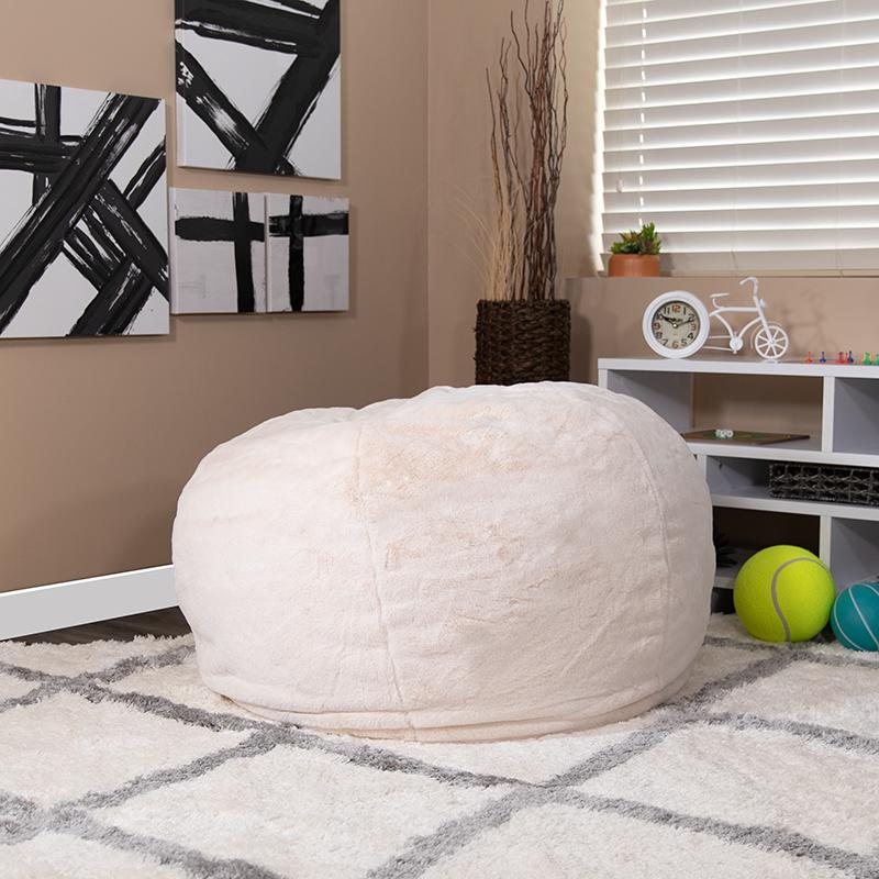 Oversized White Furry Refillable Bean Bag Chair for All Ages. Picture 1