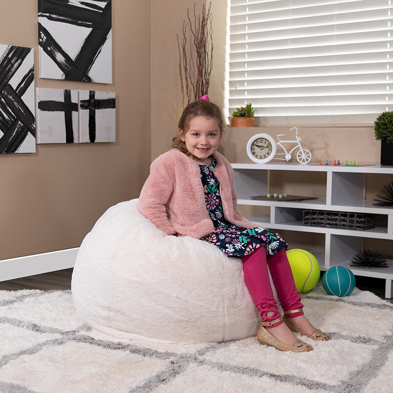 Small White Furry Refillable Bean Bag Chair for Kids and Teens. Picture 7