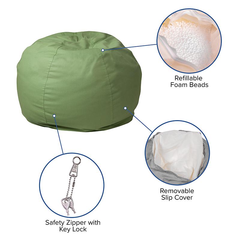 Small Solid Green Bean Bag Chair for Kids and Teens. Picture 5