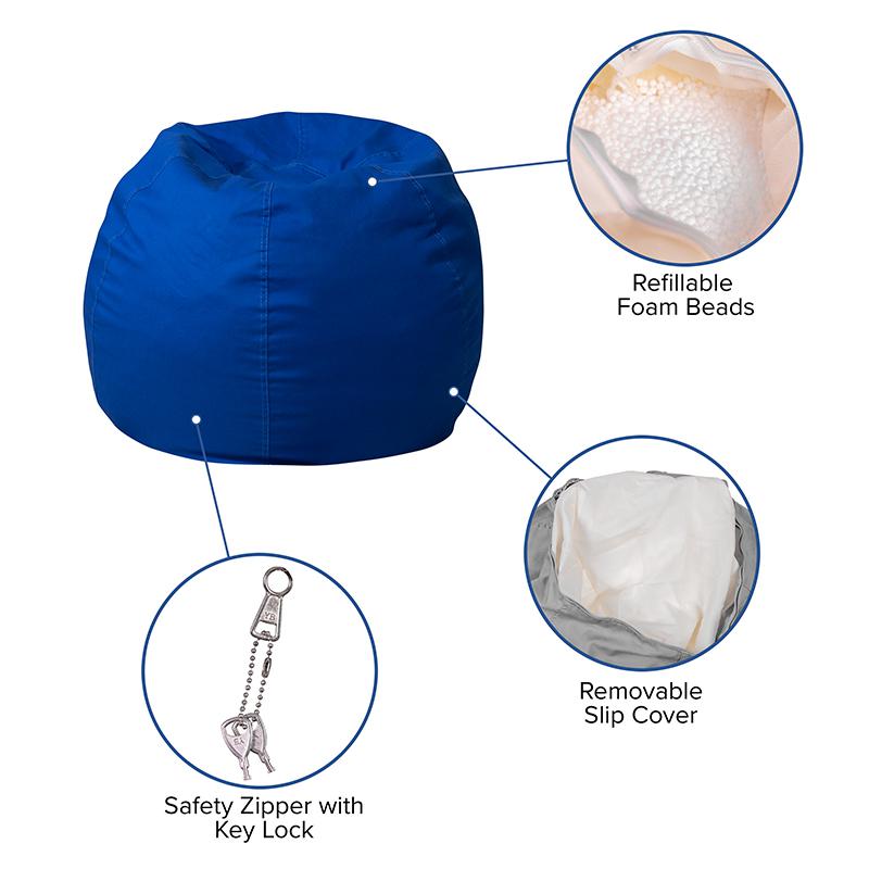 Small Solid Royal Blue Refillable Bean Bag Chair for Kids and Teens. Picture 5