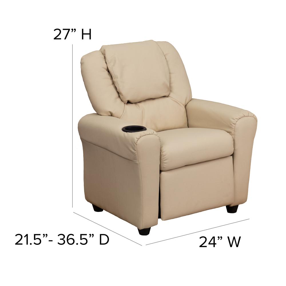 Contemporary Beige Vinyl Kids Recliner with Cup Holder and Headrest. Picture 2