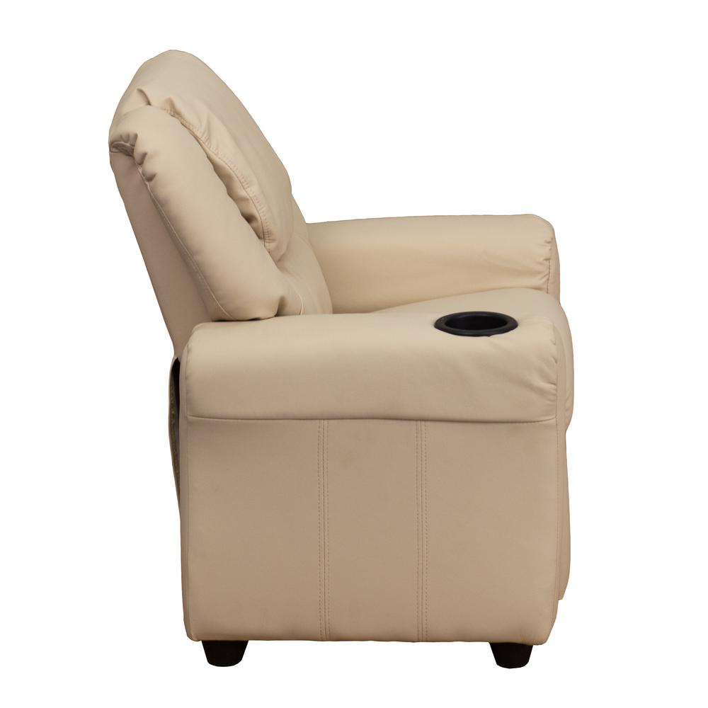 Contemporary Beige Vinyl Kids Recliner with Cup Holder and Headrest. Picture 3