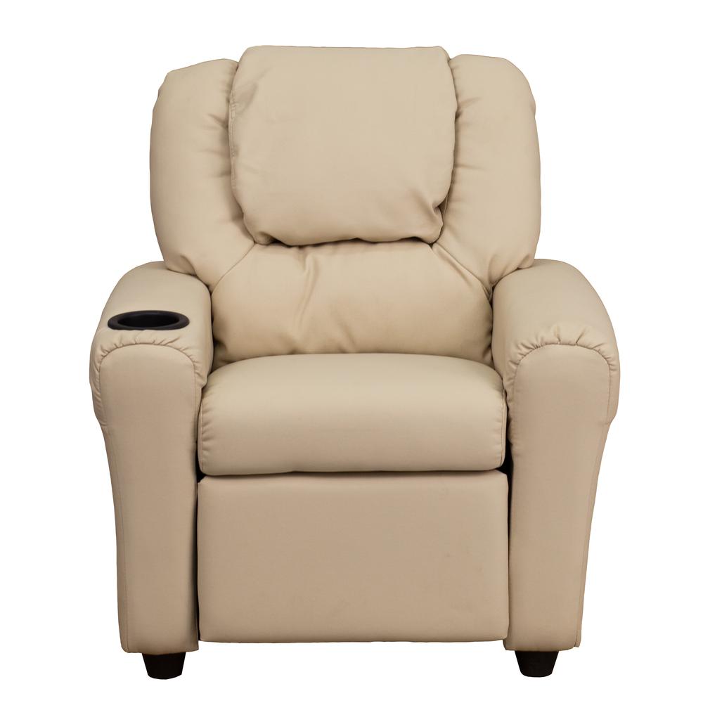 Contemporary Beige Vinyl Kids Recliner with Cup Holder and Headrest. Picture 5