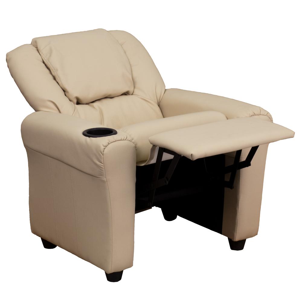 Contemporary Beige Vinyl Kids Recliner with Cup Holder and Headrest. Picture 6