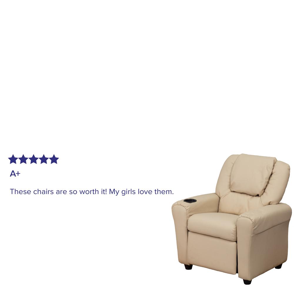 Contemporary Beige Vinyl Kids Recliner with Cup Holder and Headrest. Picture 7