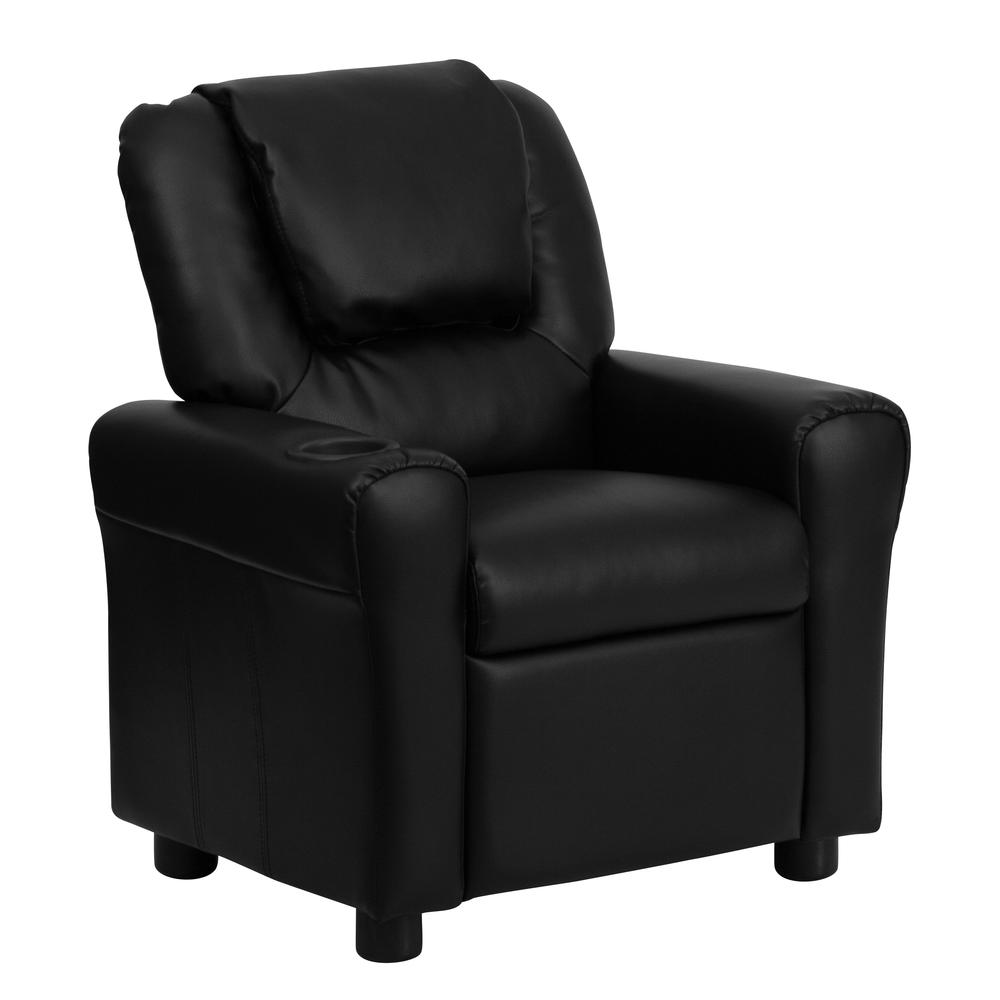 Contemporary Black LeatherSoft Kids Recliner with Cup Holder and Headrest. Picture 1