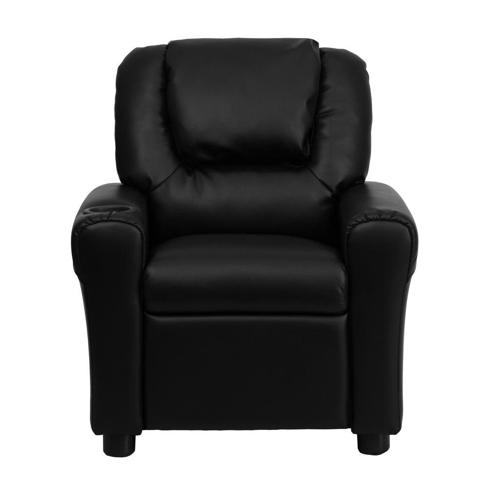 Contemporary Black LeatherSoft Kids Recliner with Cup Holder and Headrest. Picture 5