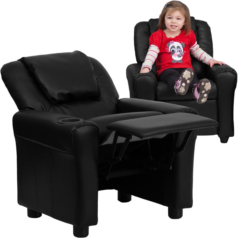 Contemporary Black LeatherSoft Kids Recliner with Cup Holder and Headrest. Picture 9
