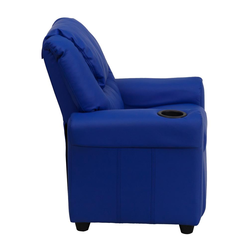 Contemporary Blue Vinyl Kids Recliner with Cup Holder and Headrest. Picture 3