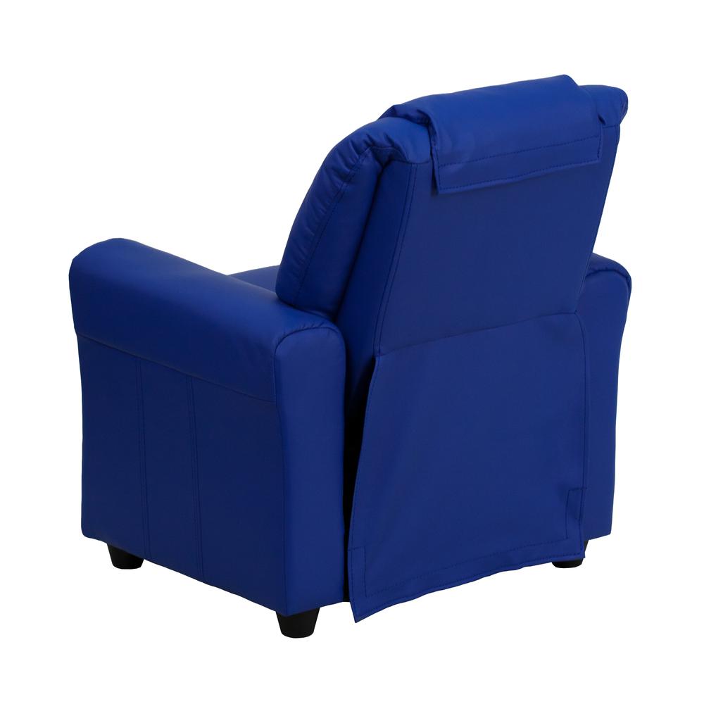 Contemporary Blue Vinyl Kids Recliner with Cup Holder and Headrest. Picture 4