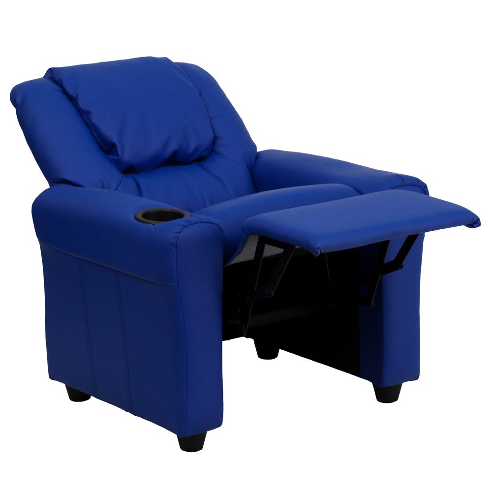Contemporary Blue Vinyl Kids Recliner with Cup Holder and Headrest. Picture 6