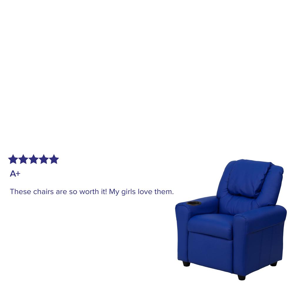 Contemporary Blue Vinyl Kids Recliner with Cup Holder and Headrest. Picture 7