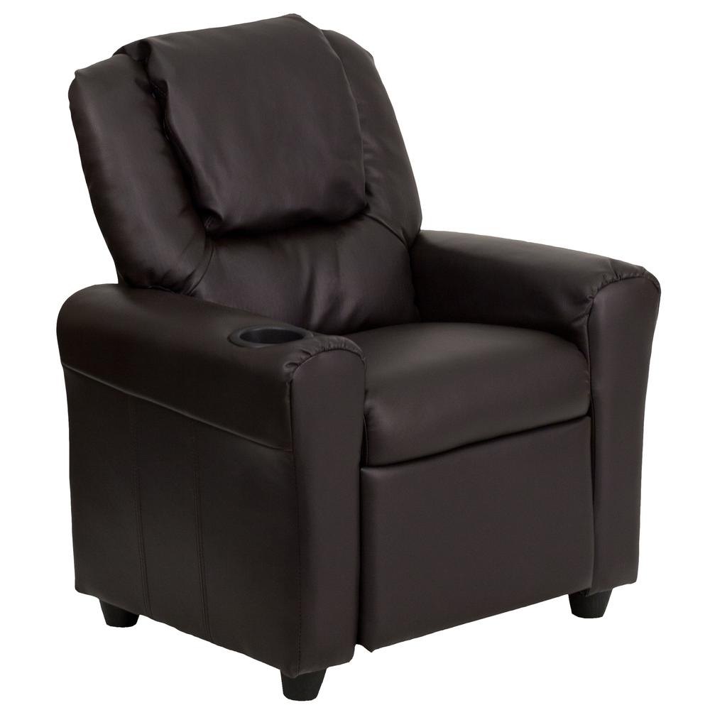 Contemporary Brown LeatherSoft Kids Recliner with Cup Holder and Headrest. Picture 1