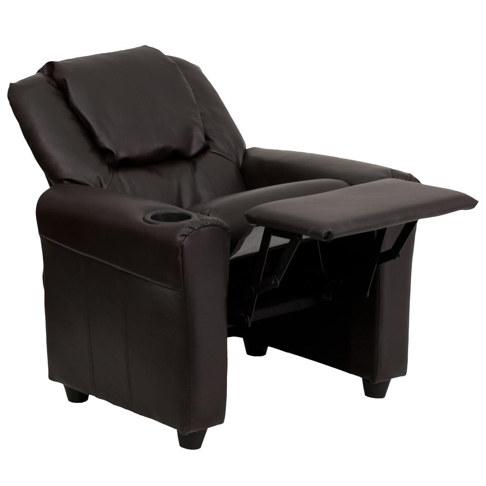 Contemporary Brown LeatherSoft Kids Recliner with Cup Holder and Headrest. Picture 6