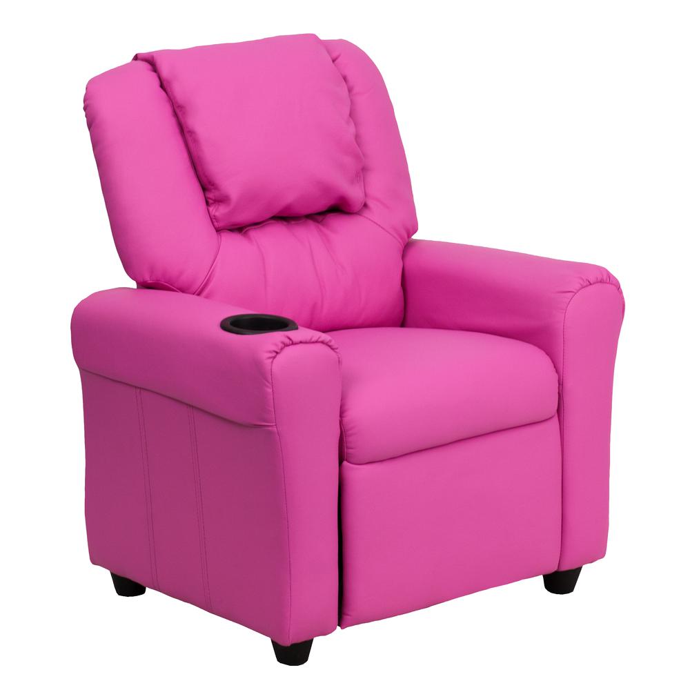 Contemporary Hot Pink Vinyl Kids Recliner with Cup Holder and Headrest. Picture 1