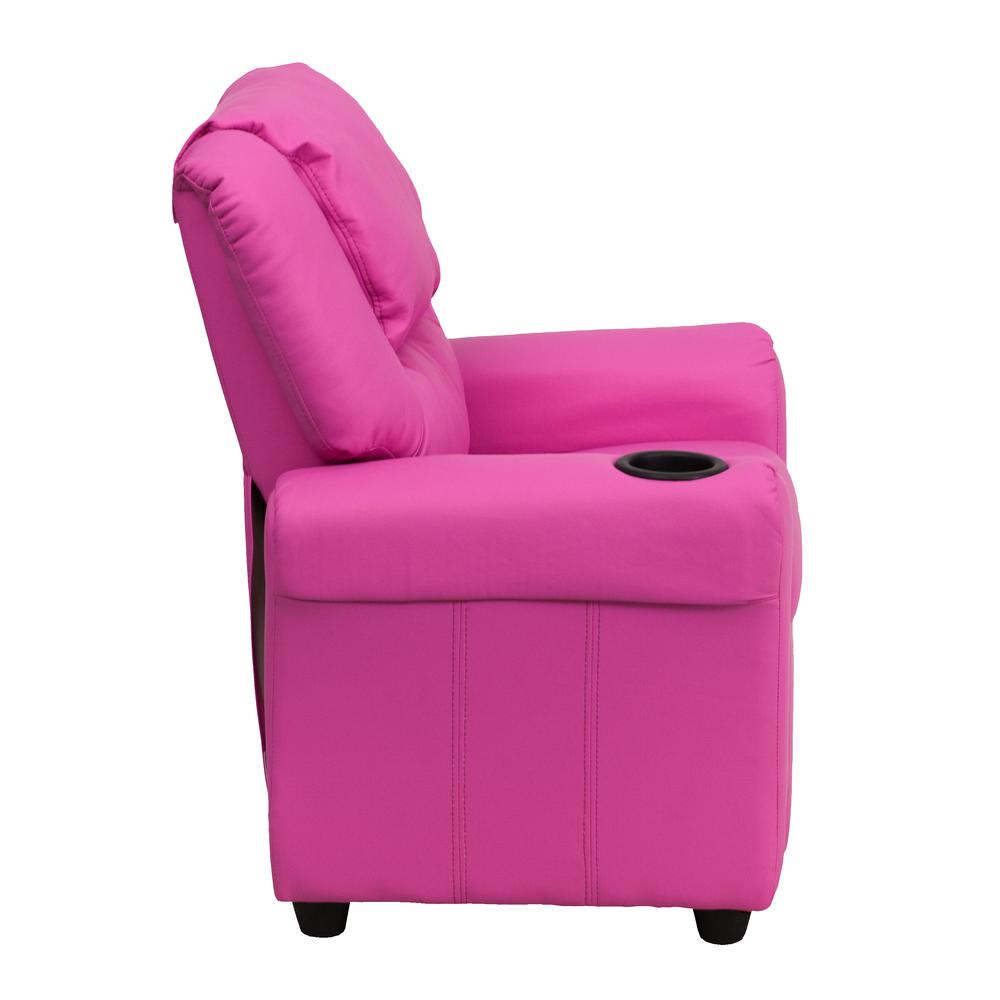Contemporary Hot Pink Vinyl Kids Recliner with Cup Holder and Headrest. Picture 3