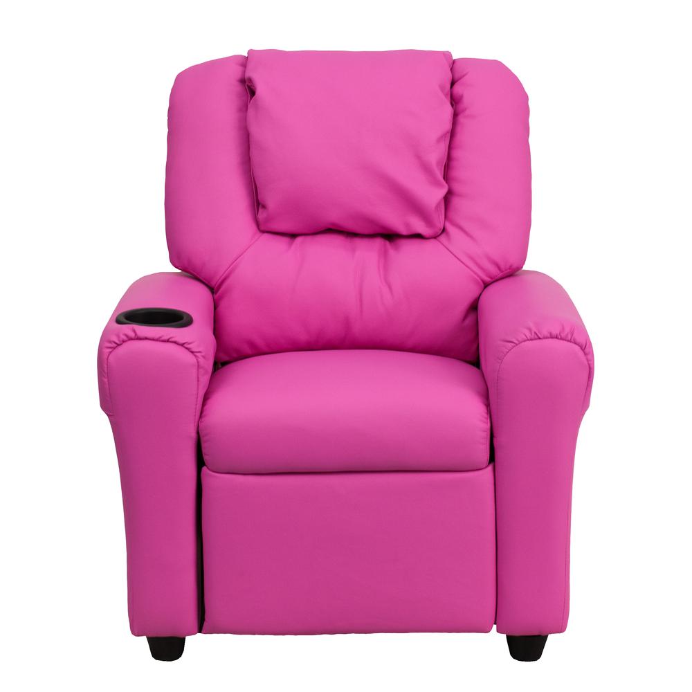 Contemporary Hot Pink Vinyl Kids Recliner with Cup Holder and Headrest. Picture 5