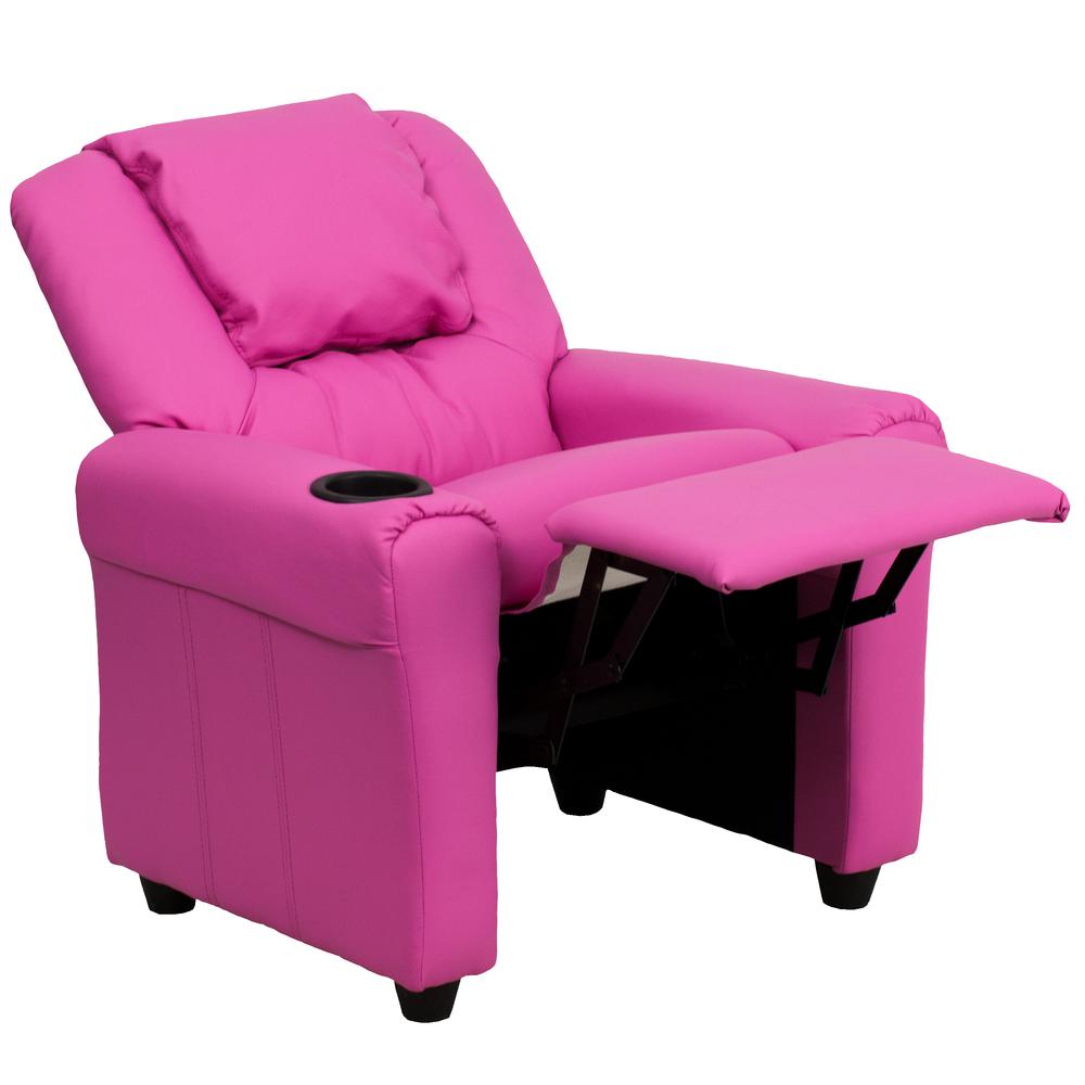 Contemporary Hot Pink Vinyl Kids Recliner with Cup Holder and Headrest. Picture 6