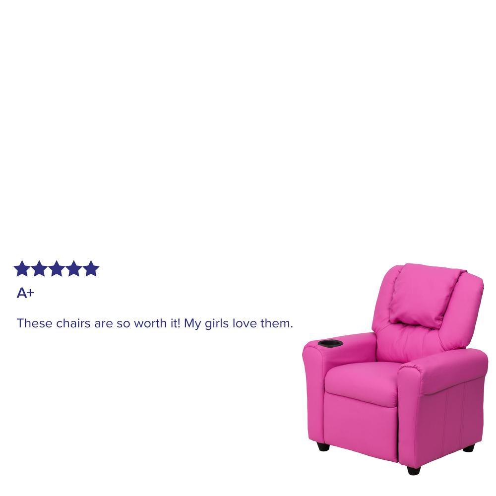 Contemporary Hot Pink Vinyl Kids Recliner with Cup Holder and Headrest. Picture 7